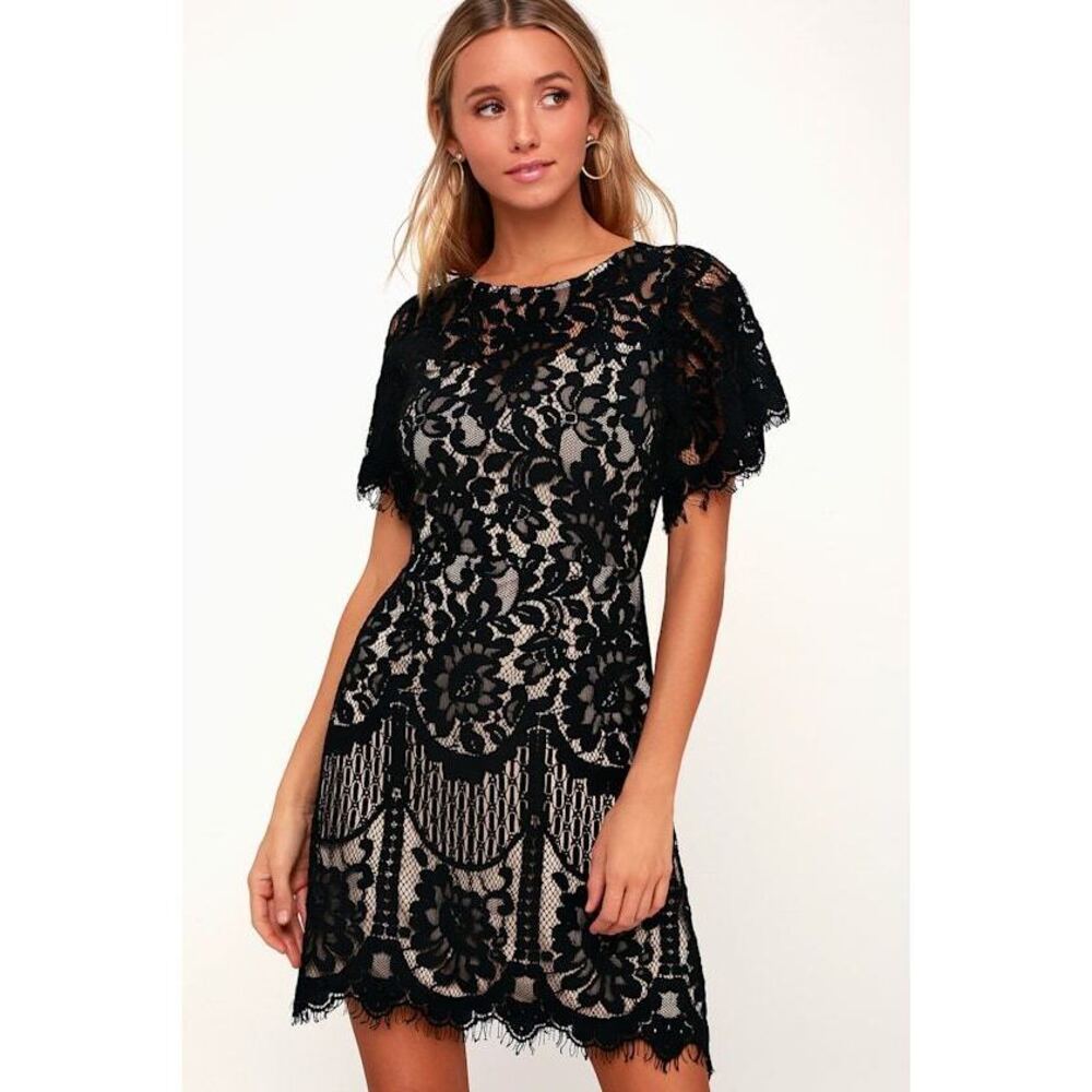 Lulus Pearson Black Lace Short Sleeve Dress - Size S